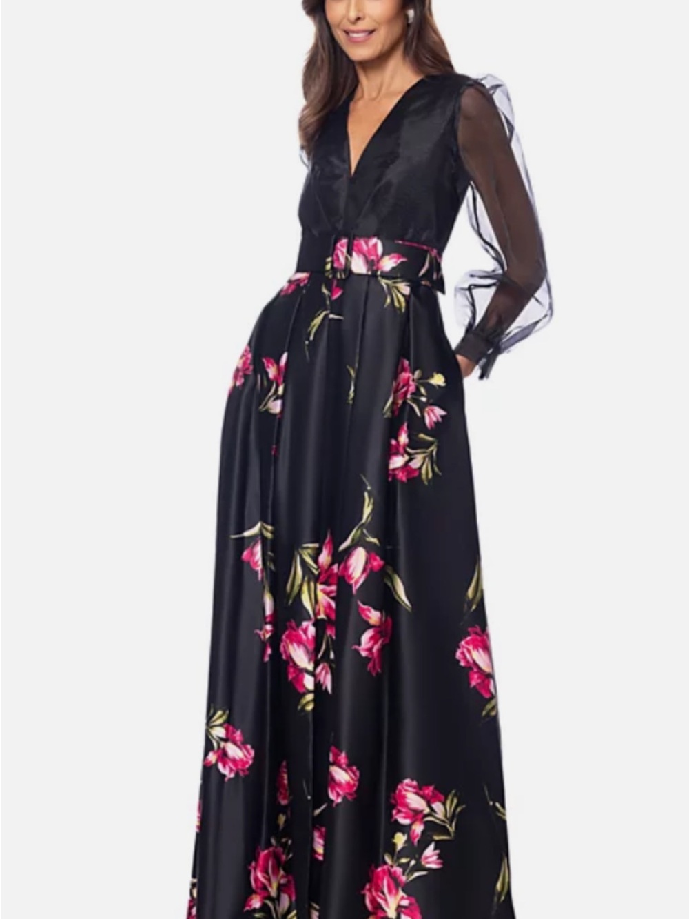 Black Floral V-Neck Long Sleeve Evening Dress